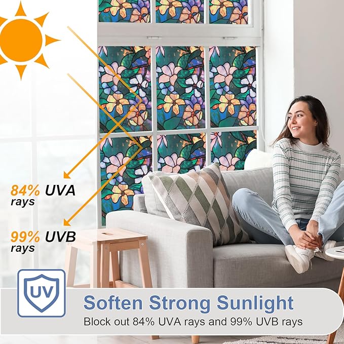 Window Privacy Film Stained Glass Window Films Day and Night, Static Cling Decorative Window Tinting Clings Door Covering for Home, Bathroom, Sun Blocking Decals Stickers (17.5" x 78.7")