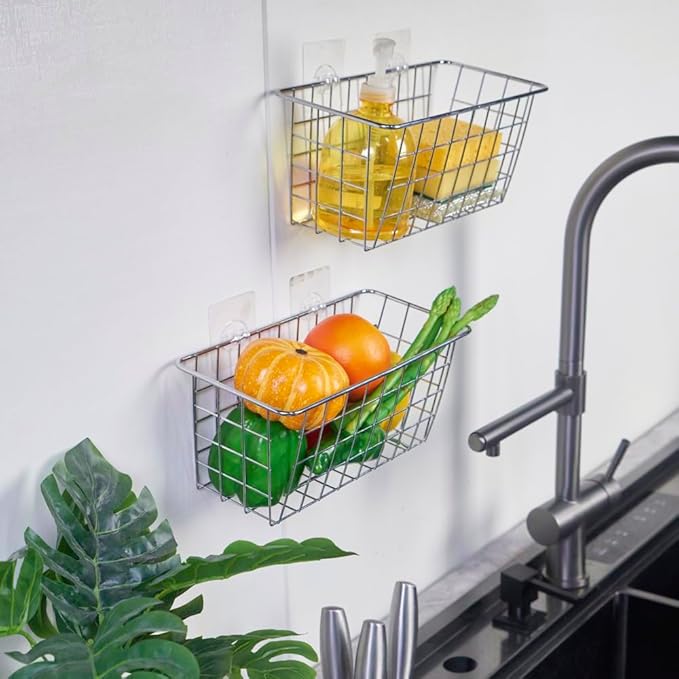 2 Pack Hanging Storage Basket, Bathroom Basket, Household Goods, with Traceless Tape, no Drilling, for Cabinet Storage, Kitchen, Bathroom, Storage Room,Chrome