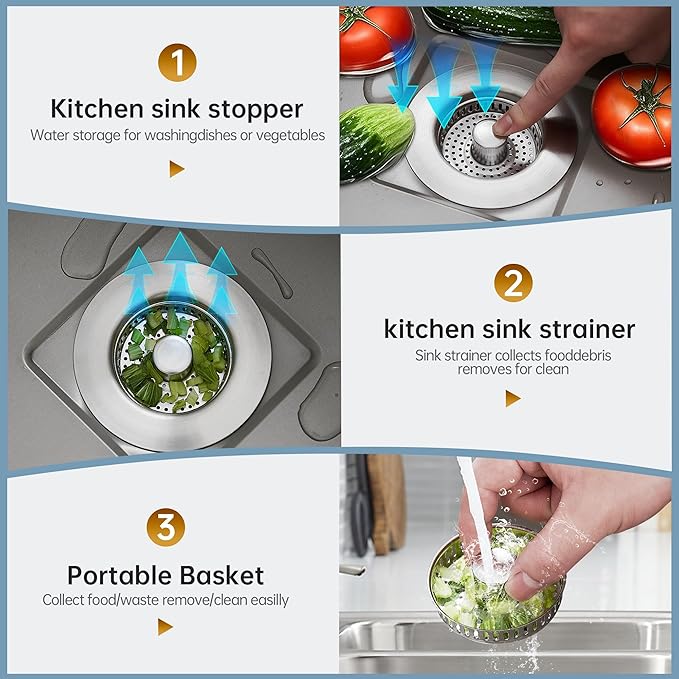 YYKBZ 3 in 1 Kitchen Sink Drain Strainer,Stainless Steel Sink Stopper,Pop Up Sink Plug Fast Drain Deodorizer Anti-Clog, Strainer for Kitchen Standard 3-1/2" Easy to Install（2pcs）