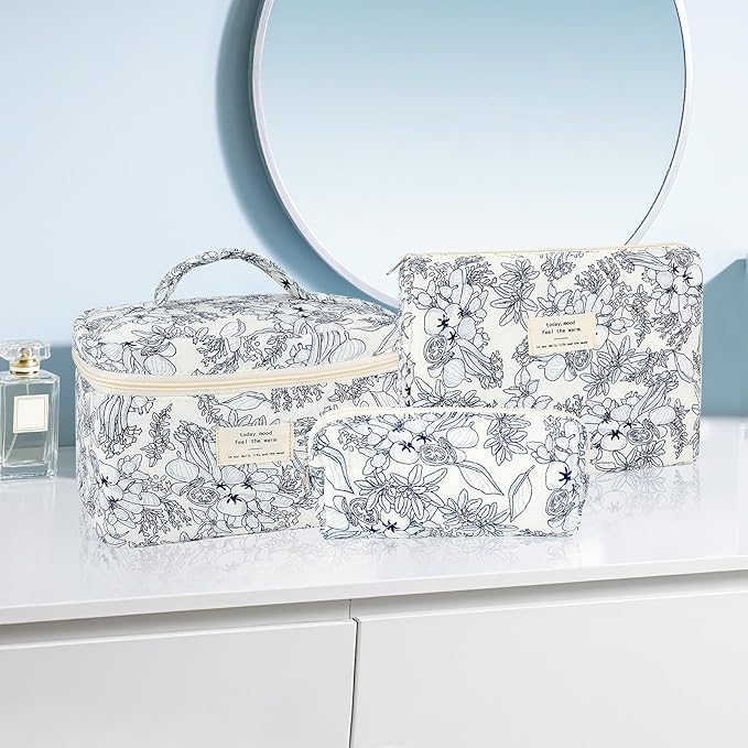 3Pcs Cotton Quilted Makeup Bag for Women Girls Large Small Travel Black Floral Cosmetic Bags Set Cute Coquette Makeup Pouch for Purse Aesthetic Cloth Flower Storage Toiletry Bag Organizer