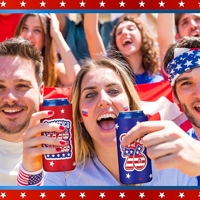 Yungyan 12 Pcs 4th of July American Can Cooler Patriotic Sleeves 250th Anniversary for 1776-2026 Independence Day Red Blue USA Flag Accessories Memorial Day for Party Favors Decoration(Fashion Style)