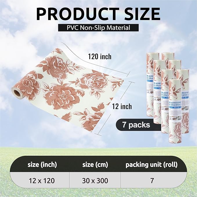 FIFTY FEET 12X120 Inch Shelf Liner for Kitchen Cabinets, PVC Drawer Liner for Dresser Non-Slip Bathroom, Non-Adhesive Cabinet Liner Washable (Red Flower)(7 Roll)