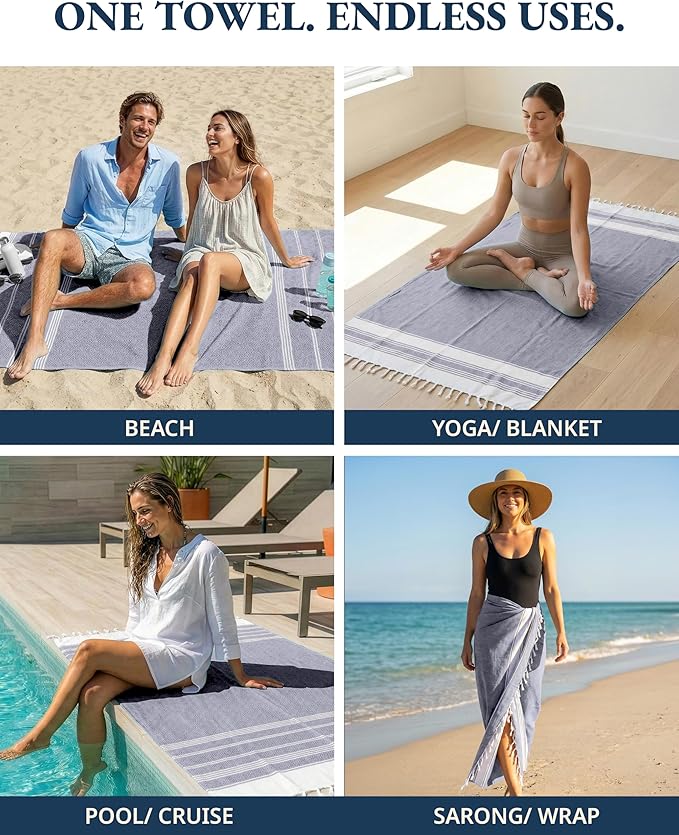 LANE LINEN 4 Pack Beach Towels – Oversized, Pre-Washed, Quick Dry, Sandproof, Lightweight & Absorbent Travel Towels – Extra Large Pool/Bath Towel – Multi