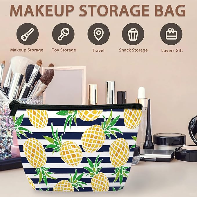 Cartoon Pineapple Cosmetic Bag Blue White Stripes Makeup Bags,Travel Make up Bags for Women Girls Cute Zipper Pouch Toiletry Organizer Bag Travel Essentials