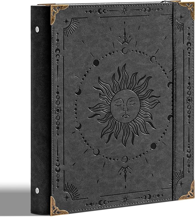 Ovesmusl PU Leather 3 Ring Binder Fits 8.5"x11" Letter Size Paper, 2 Inch Round Ring Binder Holds 500 Sheets, Notepad Paper Cover Loose Leaf Organizer, Black Sun