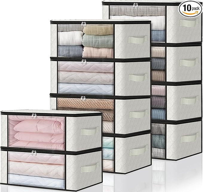 HomeHacks Storage 10-Pack Clothes Organizer Storage Bags Foldable Storage Box with Large Clear Window Sturdy Handles for Closet, Dorm, Pillows, Bedding, Clothes, Blankets, 35L, Ivory