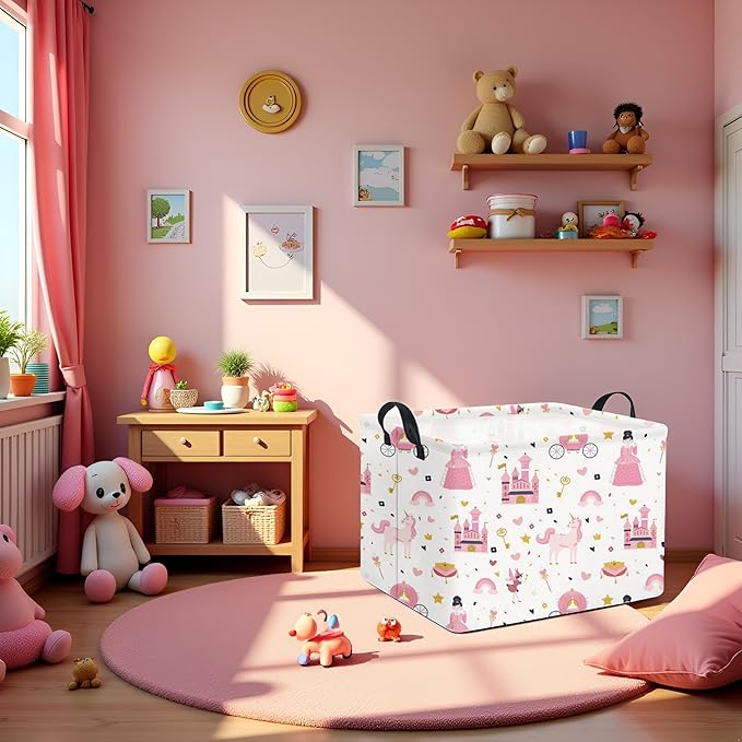 Rectangular Kids Storage Basket Baby Storage Basket with Handles for Home Kitchen Boys and Girls Cute Toy Storage Bin Organizer Shelf Book Room Decor(Princess Castle)