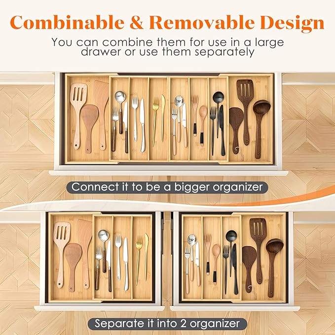 Kathfly Extra Large Drawer Organizer Kitchen Utensils Expandable 21.4 to 36 Inches Wid, Adjustable Bamboo Silverware Tray Cutlery Utensile Flatware Organizer Holder Drawer Divider for Spoons and Forks