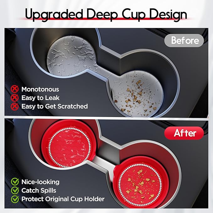 Amooca Car Cup Coaster Universal Non-Slip Cup Holders Bling Crystal Rhinestone Car Interior Accessories 2 Pack Red