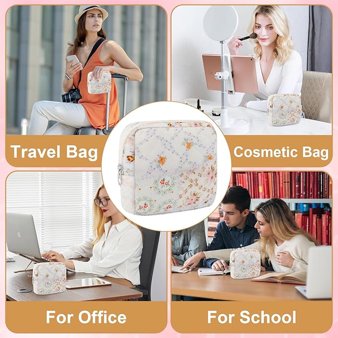 Small Quilted Cotton Makeup Bag for Purse Mini Cosmetic Period Bag for Women Cute Mixed Flower Makeup Sanitary Pouch Portable Travel Toiletry Bags with Zipper Christmas Birthday Gifts