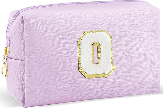 Gifts for Girls Initial Makeup Bag Personalized Cosmetic Bag with Zipper Cute Travel Toiletry Bag Waterproof PU Preppy Makeup Pouch Birthday Gift for Teen Girls Women(Purple Q)