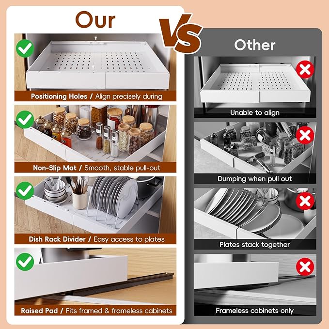 OneDream 1 Pack Pull Out Cabinet Organizer, 21" Deep Slide Out Drawers for Kitchen Cabinets, No Drill Adhesive Pull Out Drawers for Cabinets, Roll Out Shelves Adjustable Width 12.05"-20.4"