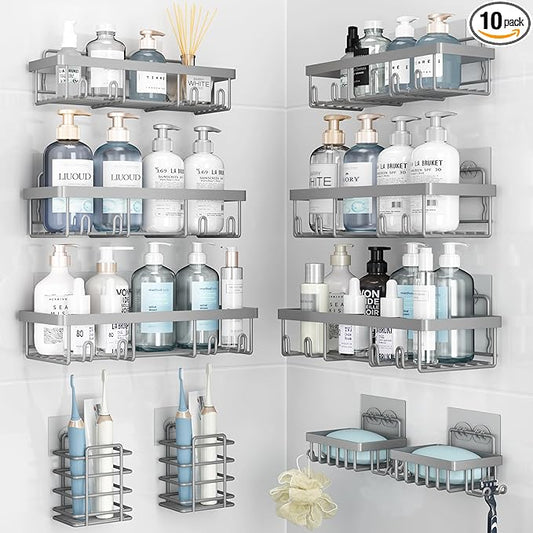 10 Pack Shower Caddy Organizer Rack Shelf for Inside Shower, Self Adhesive Wall Storage Basket Rustproof Stainless Steel Shampoo Holder Bathroom Accessory Decor Set, Grey