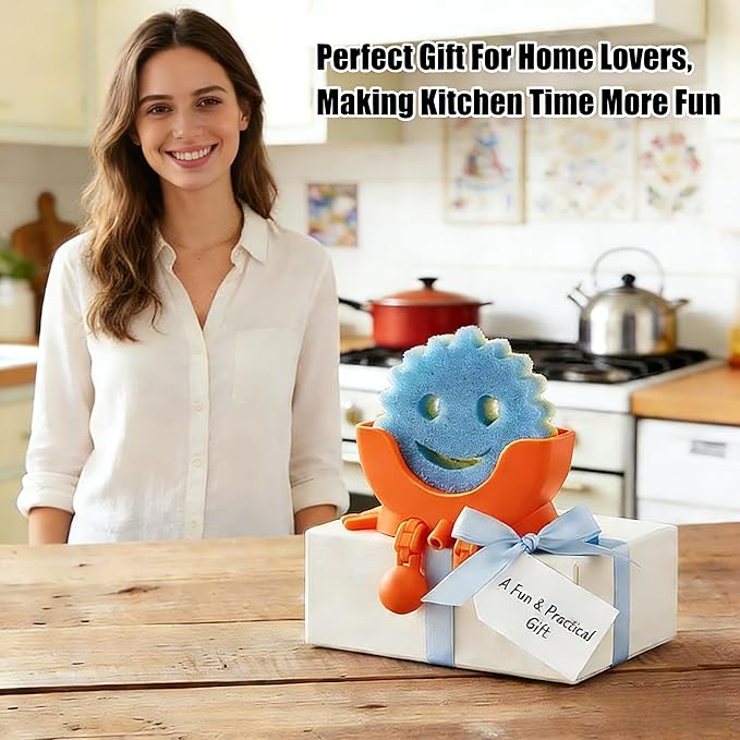 Cute Hanging Sponge Holder with Drainage,3D Printed Kitchen Funny Sponge Stand for Sink,with non-slip pads,Suitable for Scrub Daddy Holder,Keeps Your Sponge Dry Smiling (Orange)