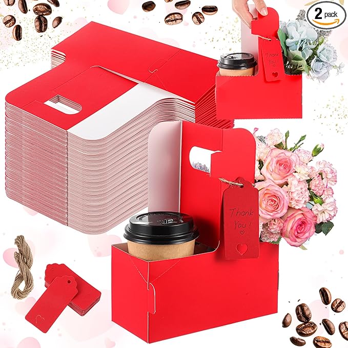 MotiMind 2 Pack Mother's Day 2 Cup Drink Carrier with Handle, Kraft Paperboard Teacher Cup Holder Portable for Hot Cold Drinks, Coffee Carrier Gift with Heart Card Rope (Red)