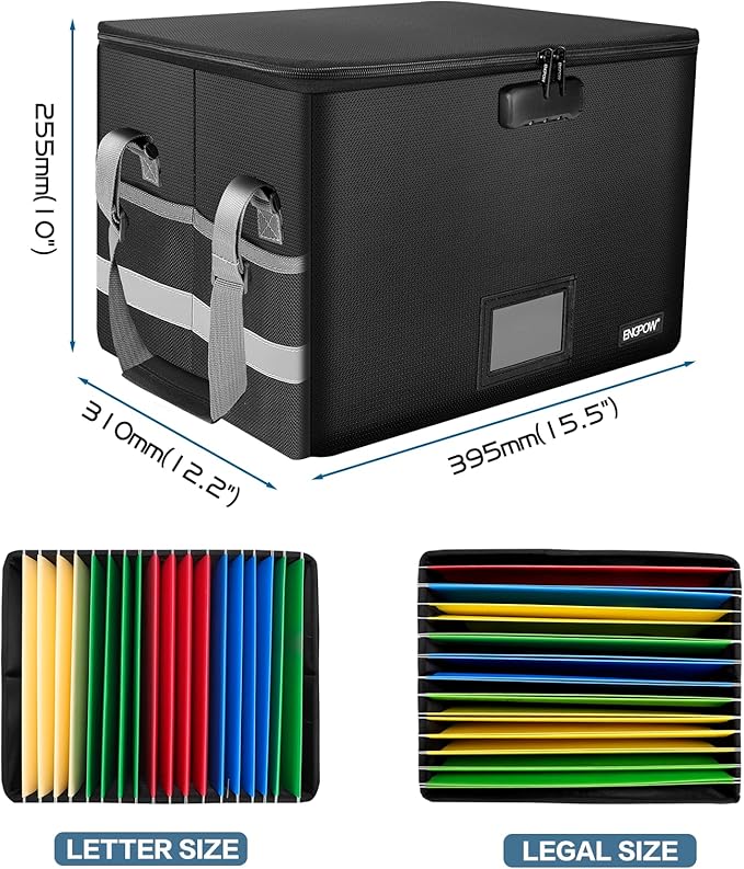 ENGPOW File Box with Lock, Fireproof Document Box with Zipper & Pockets, Collapsible File Organizer Filing Storage Cabinet with Handle, Portable Home Office Safe for Hanging Letter/Legal Folder, Black