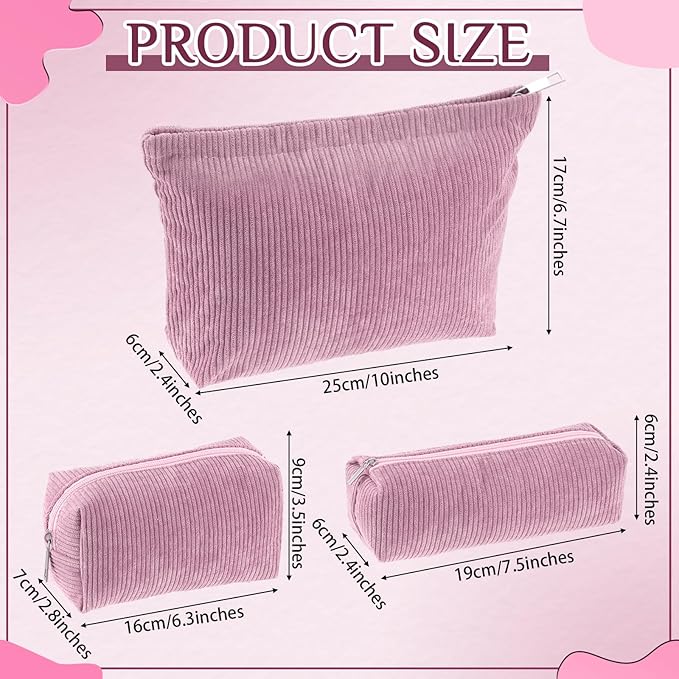 3 Pcs Makeup Bag Set for Women Corduroy Cosmetic Pouch Aesthetic Smile Travel Toiletry Bag Cute Purse Pouch Pencil Case Makeup Brushes Storage Organizer for Christmas(Rose Pink,Solid Style)
