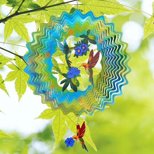 Wind Spinners - 12 Inches Hummingbird Wind Sculptures, 3D Reflective Metal Wind Spinner for Yard and Garden, Home, Outside, Patio Decor, Gifts for Mom, Daughter, Grandma's Birthday, Blue Green