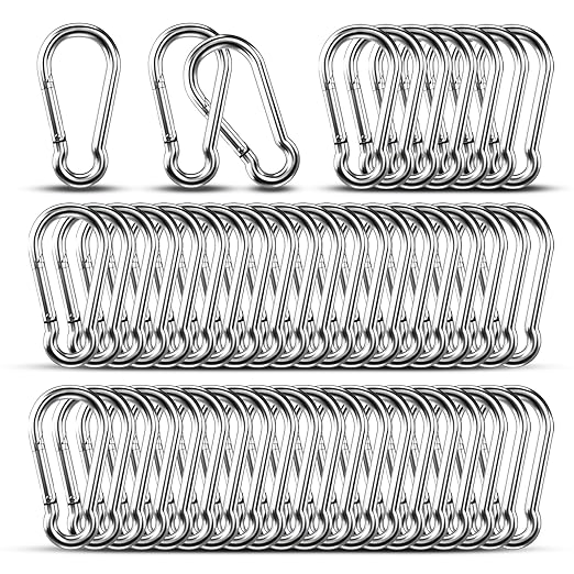 Small Carabiner Clip Hooks, 50pcs 2.36 inch Carabiners Heavy Duty, 304 Stainless Steel Spring Snap Hook Fits Camping Hiking, Metal Clips for Rope Chain Keys Rings