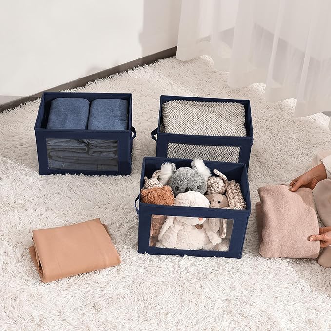 Foldable Storage Boxes with Lids - Decorative Storage Boxes with Clear Window, Fabric Storage Baskets for Organizing, Closet Storage for Clothes, Yarn, Home, Navy Blue, 4-Pack