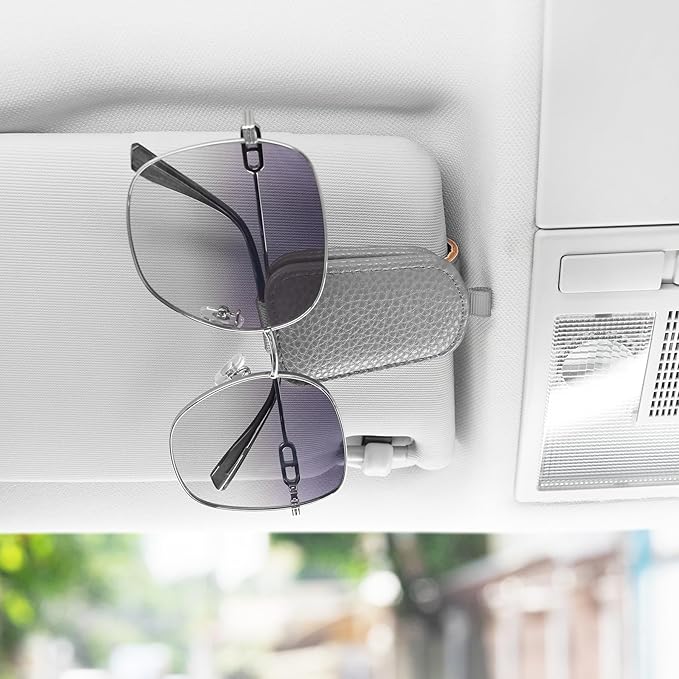 SINGARO Sunglasses Holder for Car, Leather Magnetic Buckle Sun Visor Sunglass Clip, Ticket Card Storage Glasses Clip, Car Interior Accessories for Men and Women（Gray）