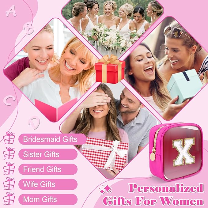 Personalized Initial Letter Clear Preppy Makeup Bag, Mini Nylon Chenille Letter Cosmetic Bag Cute Zipper Pouch Coin Purse for Teen Girls, Portable TSA Approved Travel Essentials Bag Gift for Women, X
