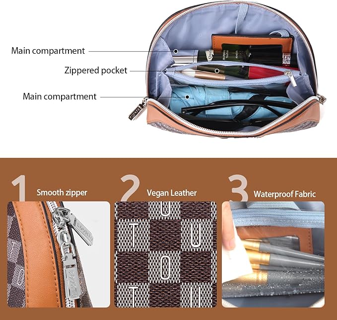 BOYATU Small Travel Makeup Bag for Women: Elegant Vegan Leather Cosmetic Pouch for Purse - Waterproof Toiletry Bag with Mirror (020-Brown)