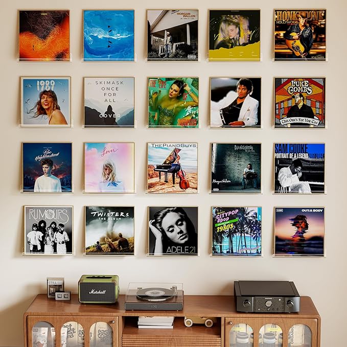 Laurensory 20 Pack Vinyl Record Shelf Wall Mount Shelves, 12 inch Clear Acrylic Vinyl Record Holder Display, Floating Shelves for Wall Decor, Magazine Rack, Kids Bookshelf, for Bedroom, Living Room