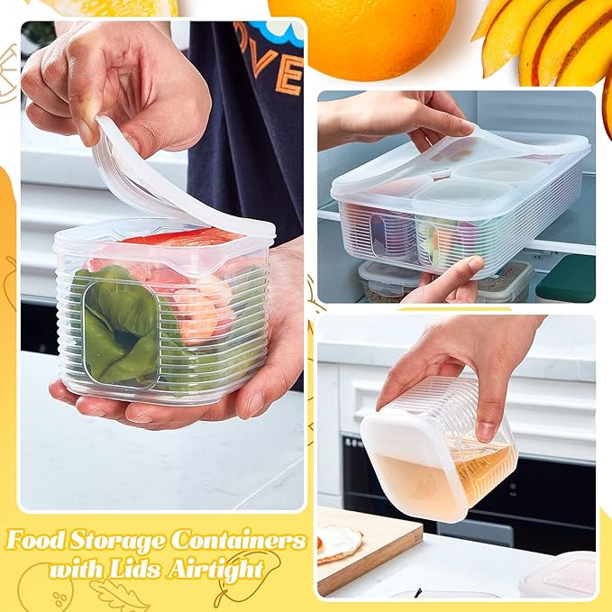 Rtteri 2 Sets Fridge Organizer Divided Serving Tray with Lid Yakumi Pans Seasoning Condiment Container Stackable Refrigerator Organizer with Airtight Lids No Bpa for Veggies, Fruit, Herbs, Spices