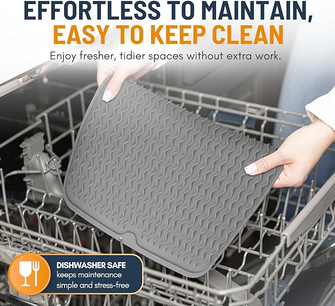 Silicone Dish Drying Mat for Kitchen Counter - Multi-Use 16 x 12 Inch Pad, Non-Slip & Heat-Resistant, Perfect Dish Drainer Mat by Linda’s Essentials, Ideal Kitchen Accessory (Gray)