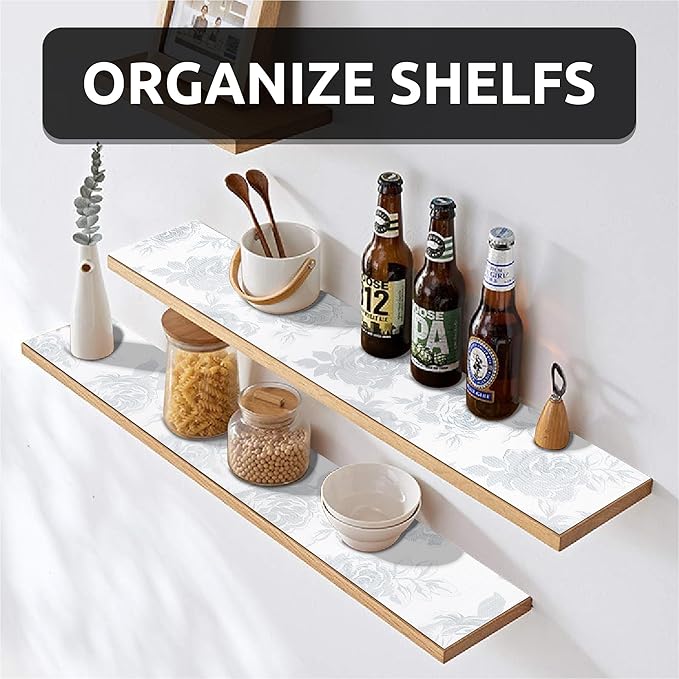 12X120 Inch Shelf Liner for Kitchen Cabinets, PVC Drawer Liner for Dresser Non-Slip Bathroom, Non-Adhesive Cabinet Liner Washable (White Flower)(1 Roll)