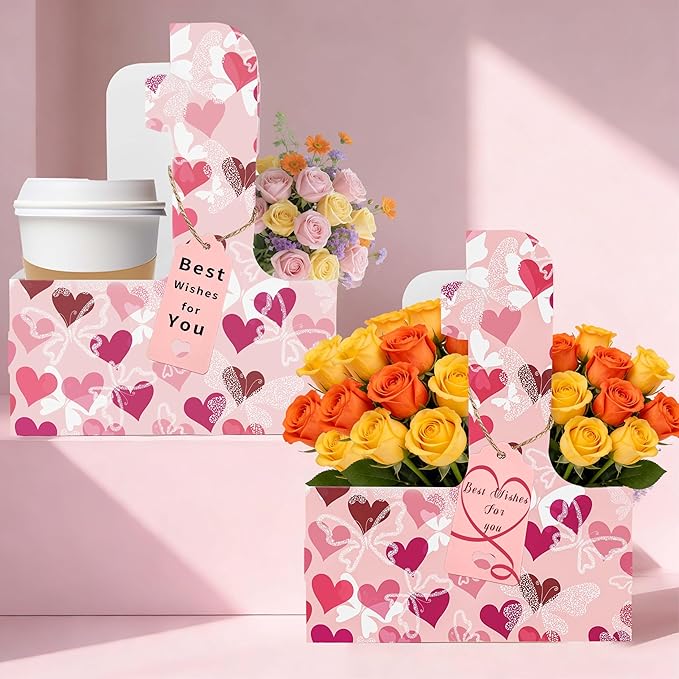 8 Set Drink Carrier,Cardboard Cup Holder with Love, Coffee Cup Holder with Handle,Coffee Carrier with Greeting Card and Ribbon for Valentine's Day Gifts Party Gift,Pink