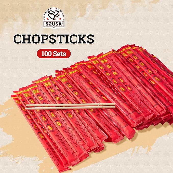 52USA Disposable Bamboo Chopsticks (100 Sets) - 9'' Long, UV Treated, Individually Wrapped Japanese and Chinese Wooden Chopsticks Bulk