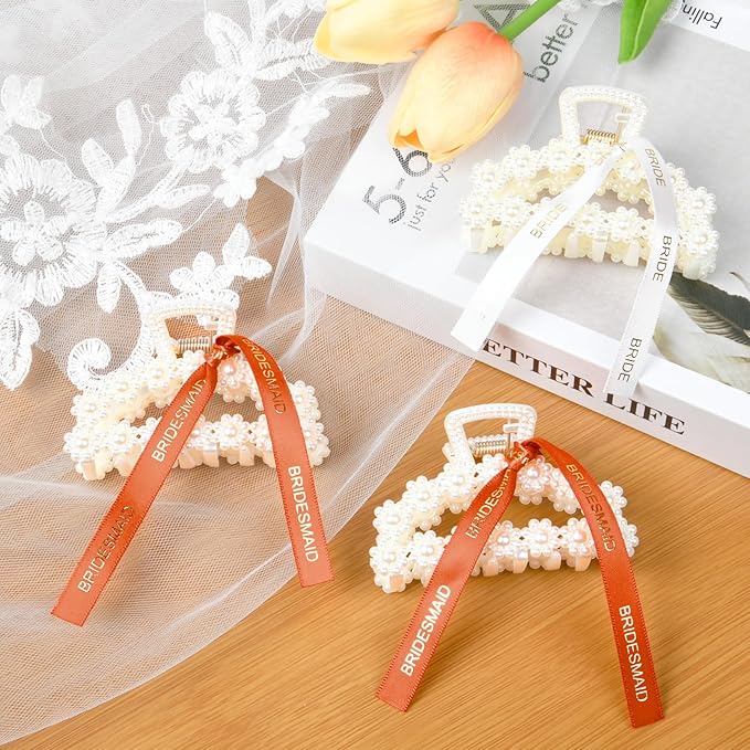 DEEKA Bridesmaid Proposal Gifts 8 Pack Pearl Bridesmaid Hair Claw Clips with Ribbon 3 Inch Hair Clips Bachelorette Party Favors Bridal Party Present Hair Accessories (Half Circle White&Orange)