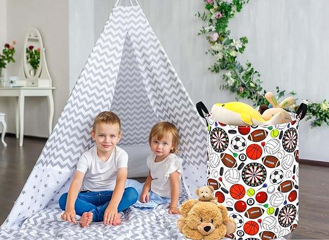 Basketball Pattern Baby Storage Basket Kids Hamper,Waterproof Nursery Bins Organizer Toy Box Laundry Basket Large Canvas for Home/Dorm/Office/Closet/Shelf/Boys Room Decorations