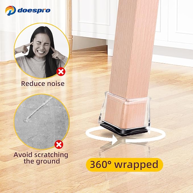 24Pack Clear Square Chair Leg Floor Protectors for Hardwood Floors,Felt Furniture Pads,Silicone Chair Leg Covers to Protect Floors, Non-Slip, Reduce Noise, Anti Scratch (M(Fit0.8-1.18") Square)