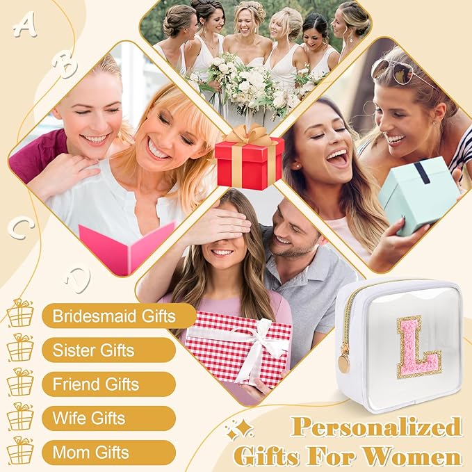 Personalized Initial Letter Clear Preppy Makeup Bag,Mini Nylon Chenille Letter Cosmetic Bag Cute Zipper Pouch Purse for Teen Girls,Portable TSA Approved Beach Travel Essentials Bag Gift for Women,L