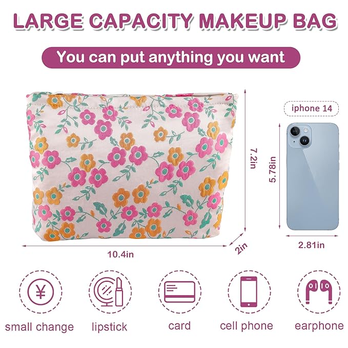 ZLFSRQ Daisy Flower Makeup Bag Travel Cute Floral Cosmetic Bags for Women Large Toiletry Pouch Zipper Cosmetic Pouch for Purse Aesthetic Makeup Organizer Bag Portable Toiletry Bags (Orange and Pink)