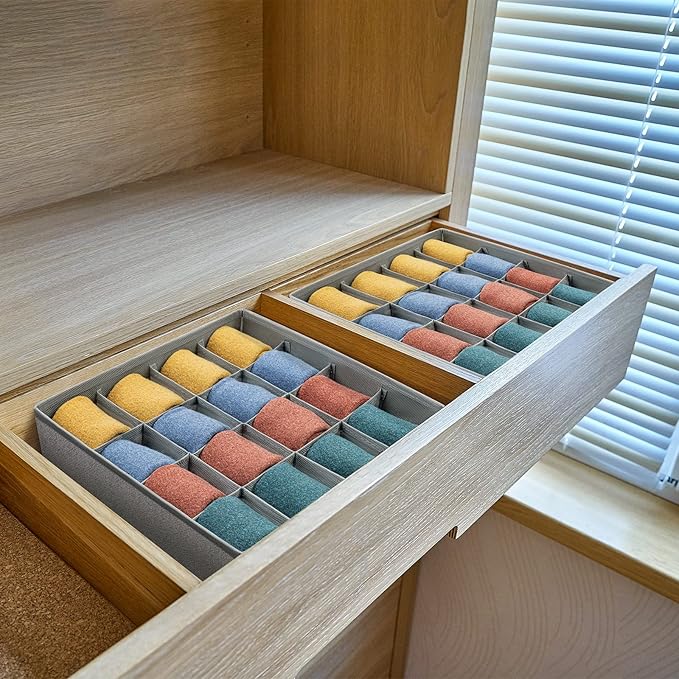 Joyoldelf Sock Drawer Organizer Divider Underwear Organizer 16-cell Fabric Dresser Drawer Organizers Storage Boxes for Socks, Lingerie, Handkerchiefs, Ties 2 Packs Gray