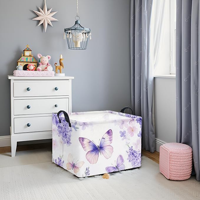 Rectangular Kids Storage Basket Baby Storage Basket with Handles for Home Kitchen Boys and Girls Cute Toy Storage Bin Organizer Shelf Book Room Decor(Purple Butterfly)