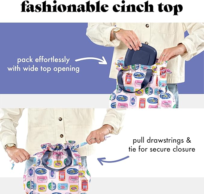 Fit & Fresh Cromwell Drawstring Lunch Bag for Women, Complete Lunch Set with 2 Containers, Stain-Resistant, Leak-Resistant, Back to School Essential, Teacher Lunchbox, Assorted Sardine Cans
