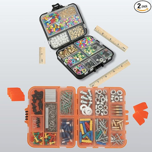 Portable Small Pocket Organizer Box with Removable Dividers, Transparent Storage Case for Screws/Nuts/Bolts/Nails/Washers/Snap Rings/Automotive & Paper Clips/Fuses/Buttons/Pins/Beads/Jewelry-Pack of 2