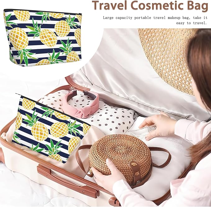 Cartoon Pineapple Cosmetic Bag Blue White Stripes Makeup Bags,Travel Make up Bags for Women Girls Cute Zipper Pouch Toiletry Organizer Bag Travel Essentials