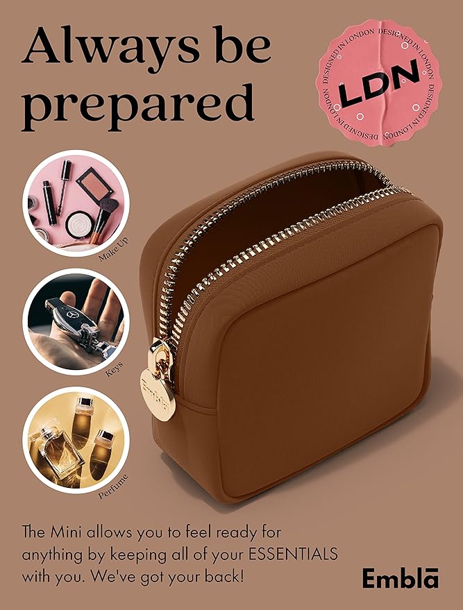 Embla Makeup Bag Travel Cosmetics Pouch and Toiletry Bag, Nylon Zipper Pouch Purse, Cute Make Up Organizer Storage Tote for Women Girls, Waterproof Travel Skincare Case, Small Makeup Bags, Chocolate