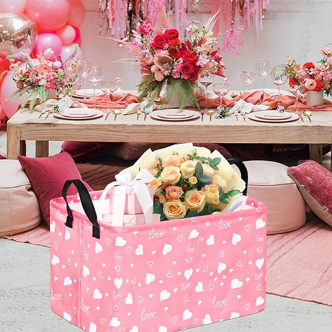 KUNRO Rectang Heart Pattern Vantine's Storage Basket Gift Shelf Basket Storage Bin, Nursery Basket Organizer Box for With Handles for Room Deco