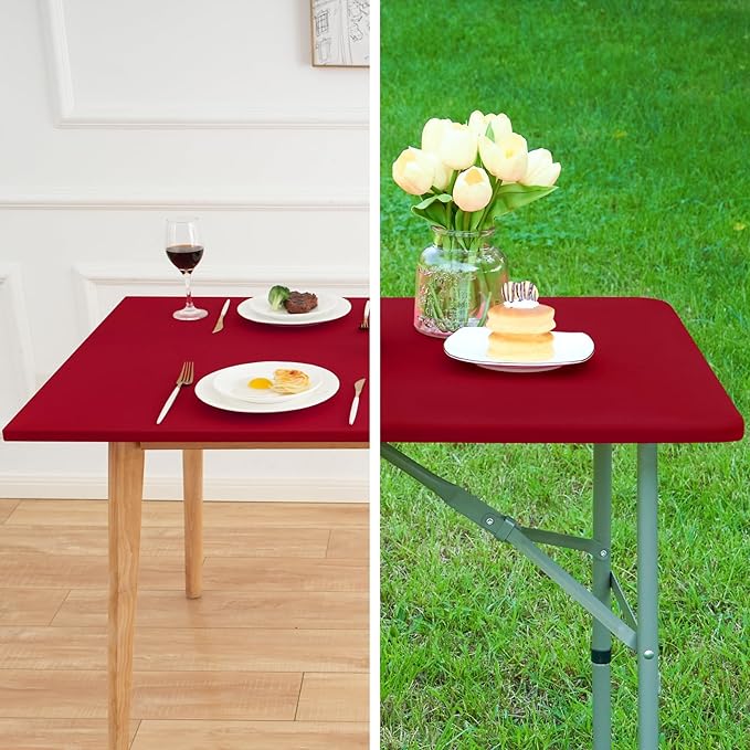 Fitted Rectangle Tablecloth 30 x 72 Inch Elastic Table Cloth for 6ft Table, Stretch Spandex Table Cover Burgundy Washable Polyester Table Top Cap Cover for Dining Picnic Camping Indoor and Outdoor