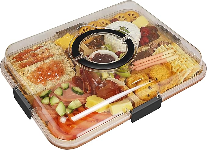 Renmxj Charcuterie Board with Clear Lid, Travel Portable Cheese Board Charcuterie Boxes Cutting Boards for Kitchen, House Warming Gifts New Home, Gifts for Women (Black, 5 Compartments)