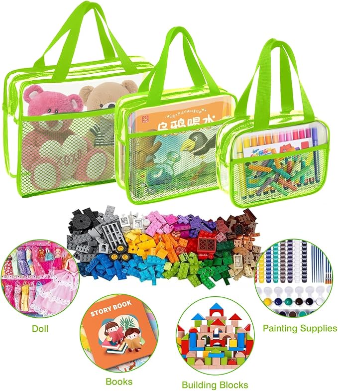 XEWEA Clear Travel Toiletry Bags, 3 Pack TSA Approved Transparent Makeup Bag for Men Women, Large Waterproof PVC Quart Organizer with Zipper for Toiletries Airline Essential,Toy Storage Pouch Green