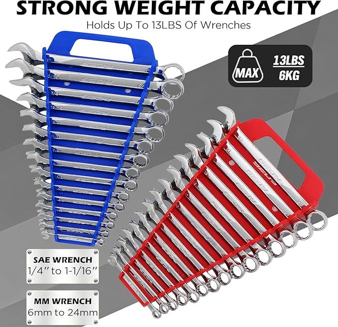 2-Pack Magnetic Wrench Organizer with Non-Slip Handle, 24-Slot Heavy-Duty Wrench Rack Holders for Toolbox & Drawer Storage, Fits SAE 1/4"-1-1/16" and Metric 6mm-24mm Wrenches
