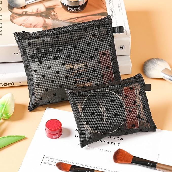 4-Piece Heart Printed Mesh Makeup Bag Set, Portable Travel Mesh Cosmetic Bags Toiletry Bags Makeup Purse Bags Mesh Zipper Storage Pouches for Home Offices Travel Accessories (Black)